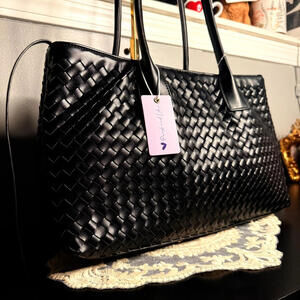 Woven Convertible Tote Black Vegan Leather Basket Weave Shoulder Bag NWT